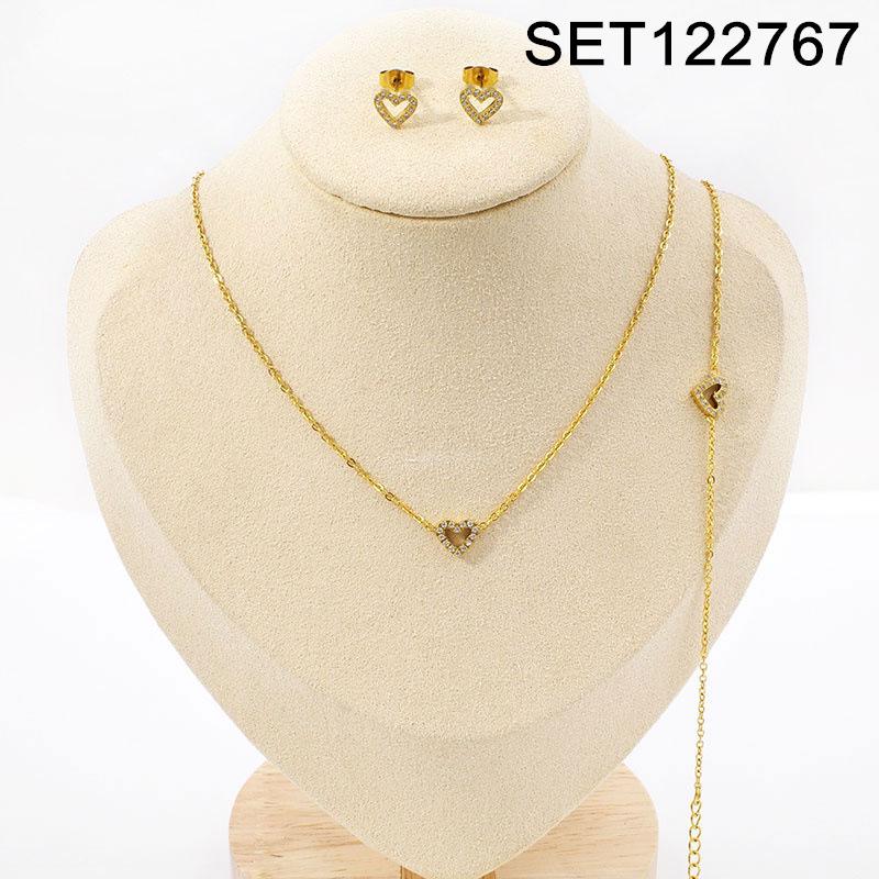 European Diamond-Accented Heart Jewelry Set: Necklace, Bracelet & Earrings in Titanium Steel for Women's Luxurious Style.