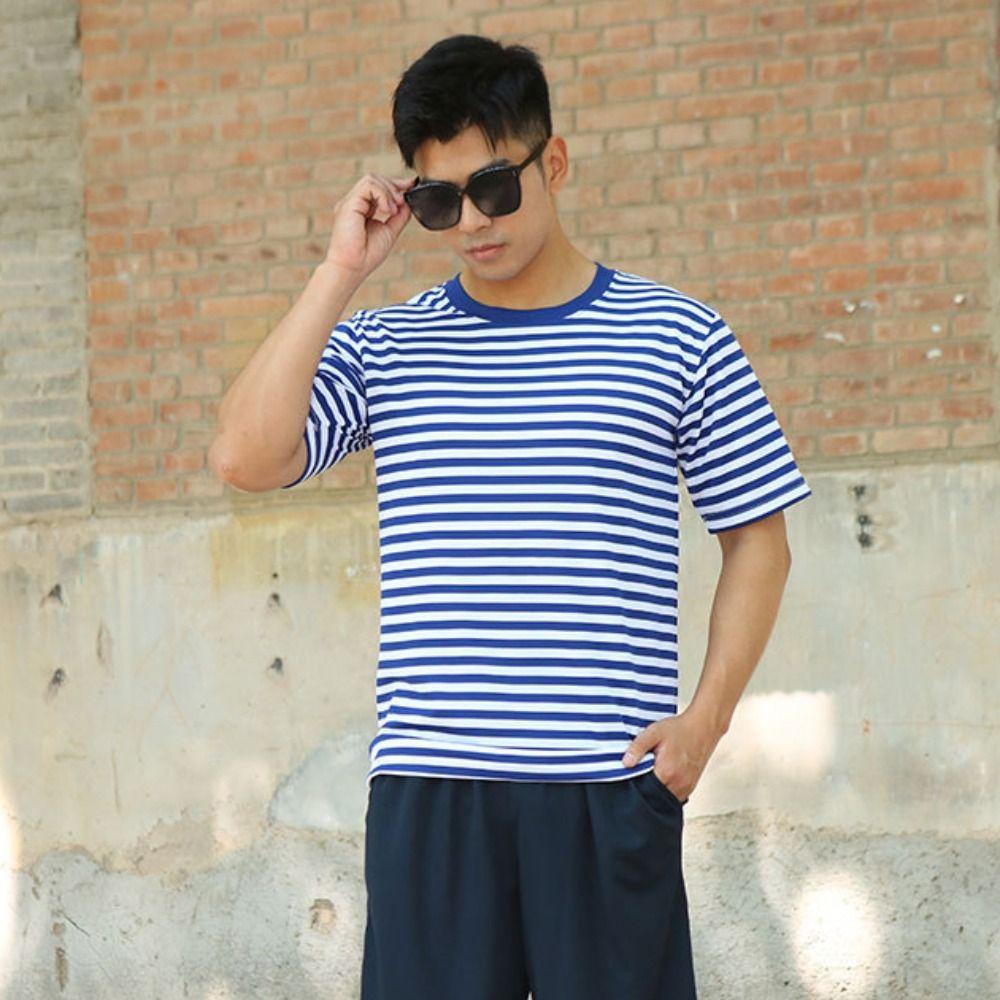 Sea Soul Shirt Oversized Stripe T-Shirt Crew Neck Man's Short Sleeved Top Breathable Summer