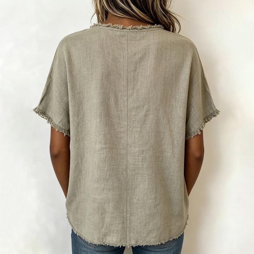 Ladies' Casual And Fashionable Round Neck Loose Linen Short Sleeved Top