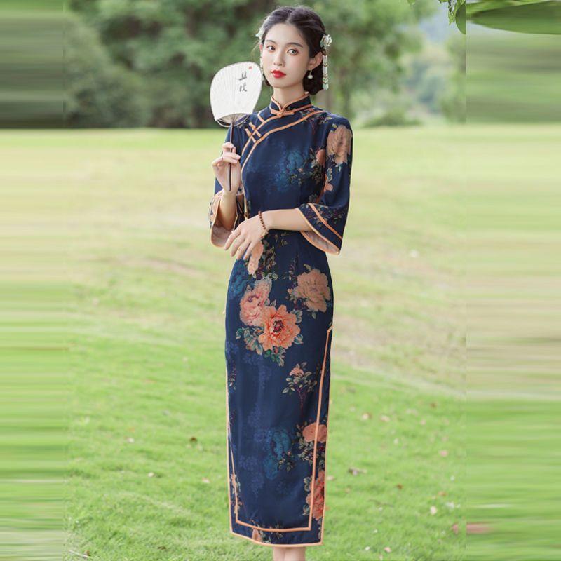 Qipao Spring and Autumn Chinese Style Vintage Print Slim High End Improved Cheongsam Dress for Women
