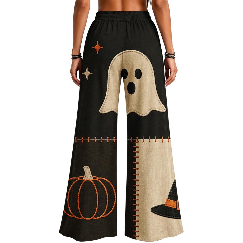 Damen Halloween Patchwork-Print Weite Hosen mit Taschen, Lockere Freizeithosen