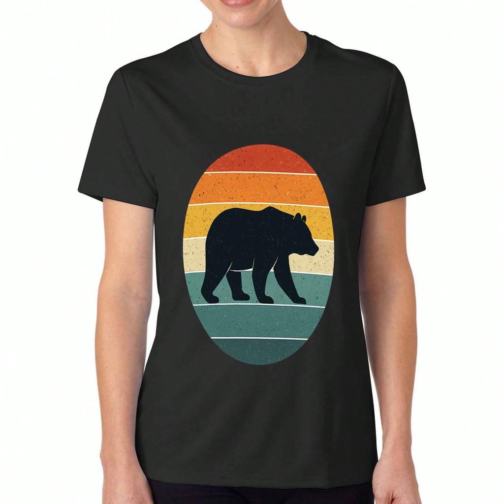 Retro Bear Silhouette Ladies Cotton T Shirt, Premium Cotton Graphic, Durable, Leisure Fashion, Vintage Style Bear Illustration Tee, Comfortable And St