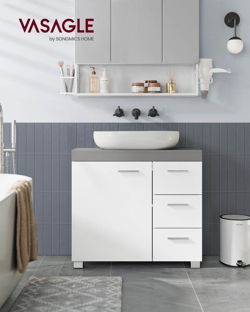VASAGLE Mobile da bagno, Mobile per bagno, 3 Cassetti Grandi, 30 x 70 x 64 cm, Mobile da bagno, 2 Scomparti Dietro la Porta