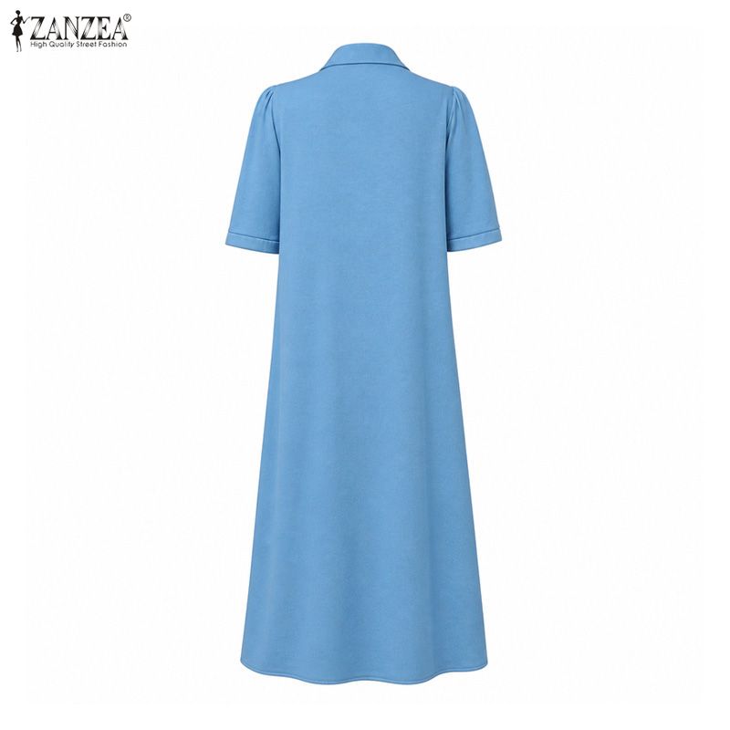 ZANZEA Damen Lässiges Einfarbiges Lockeres Kleid mit Umlegekragen und Halblangen Ärmeln