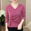 Women Autumn V-neck Long Sleeve Elegant Bottom Shirt Female Western Style Plus Size Strap Up T-shirt