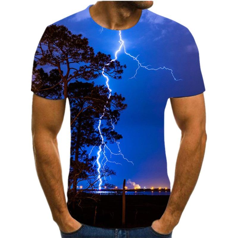 2024 Pánské tričko s 3D potiskem Tričko s potiskem krajiny s blesky Kulatý výstřih Plážová trička Pánské tričko Léto