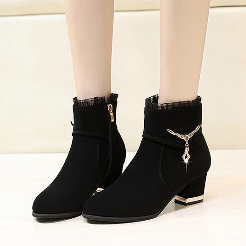 Fashion Rhinestone Woman Short Shoes Suede Chunky Heel Fashion  Booties