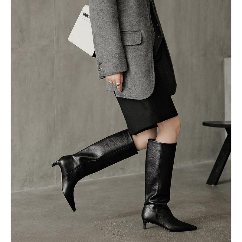 Fashion 2025 Autumn Women Boots Split Leather Women Shoes Pointed Toe Chunky Heel Slip-on Knee High Boots Western Modern Ladies Boots