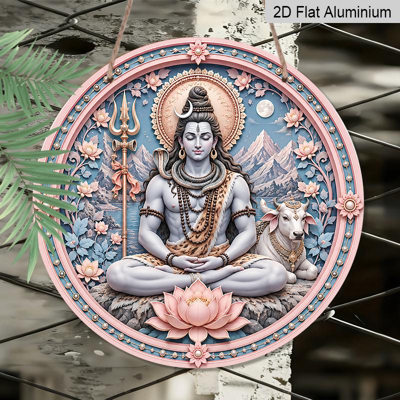 2D Flat, 1pc Round Aluminum Hanging Sign, Soft Pink Blue Pearl Frame Lord Shiva Nandi Bull Trishul Pink Lotus Full Moon Mountain Print, Maha