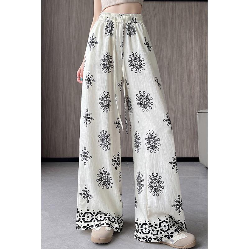 Summer Women Vintage Print Cotton And Linen Thin High Waist Wide Leg Pant Trouser For Girl