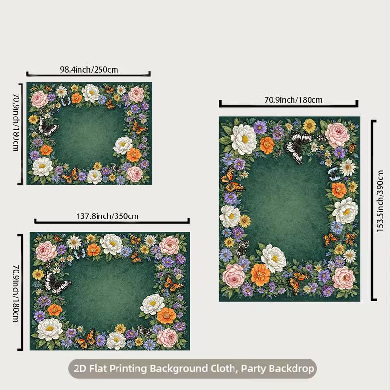 2D Vintage Flower Frame Backdrop Watercolor Blooms & Butterflies Photography Background Cloth