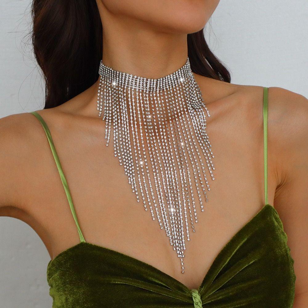 Korean Style Full Rhinestone Necklace Geometric Clavicle Chain Long Tassel Necklace  Wedding