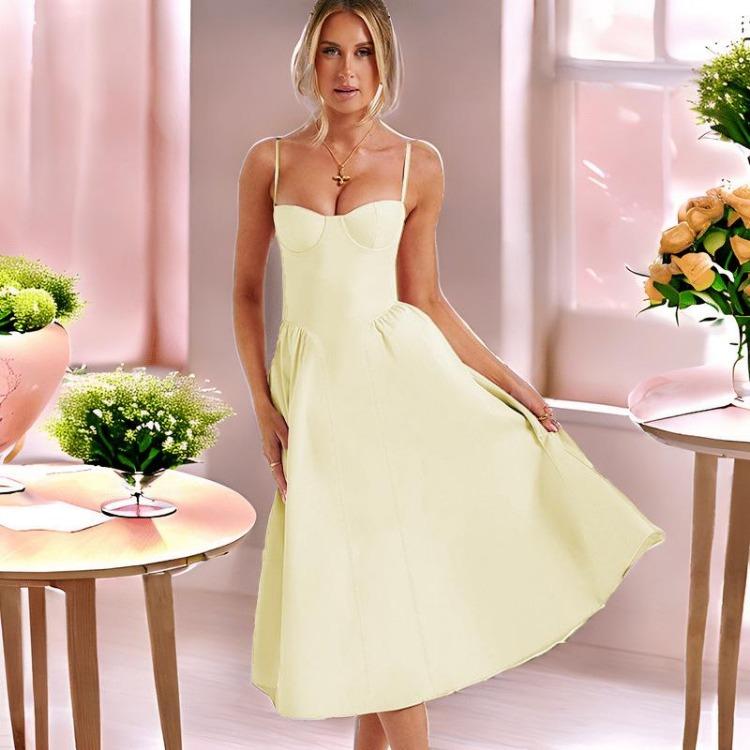 Women Print Dress High Waist Knee-Length Fashion Design Sense V-neck Backless Spaghetti Strap