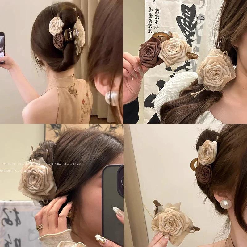 Dry rose antique flower grab clip female 2026 large shark clip back head hair clip headgear