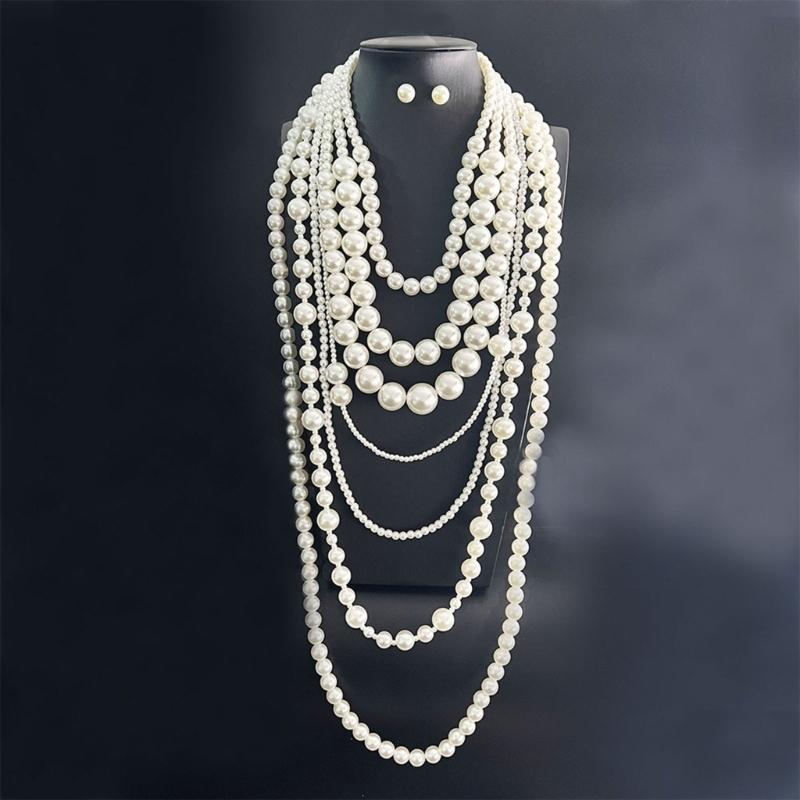 Elegant Multi Strand Imitation Pearls Chokers Necklace With Matching Stud Earrings Gift Set Vintage Fashion Stone Jewelry