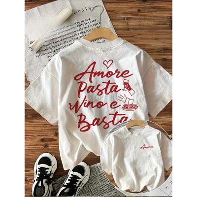 T-shirt da donna con "Amore Pasta Vino E Basta" (Amo la Pasta, il Vino, e Questo Basta) Grafica Cibo Italiano, Maniche Corte.Y2K