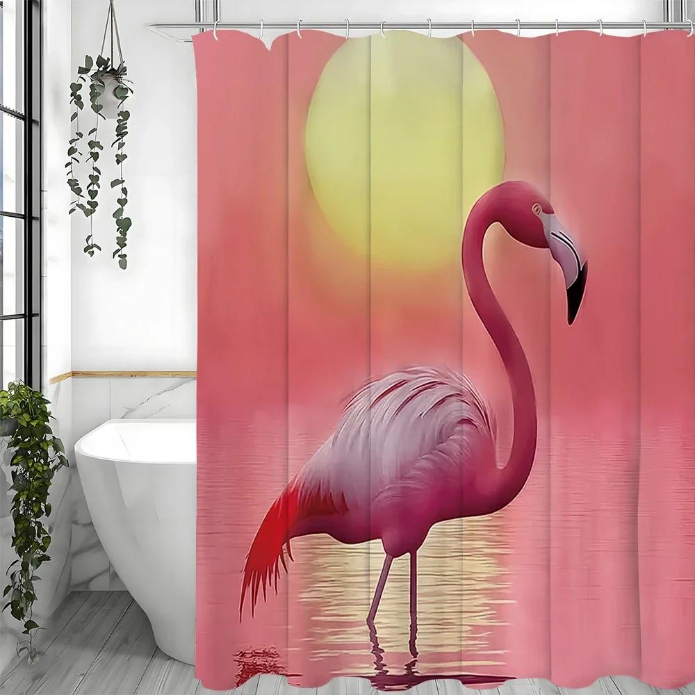 Sunset Sunrise Flamingo Shower Curtain, Bathroom Decorative Shower Curtain, Waterproof Shower Curtain With Hooks