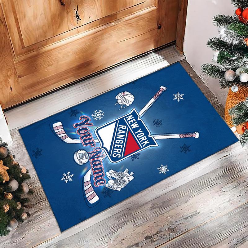 New York Rangers Crystal Velvet Rug, Custom Name Text Personalized Non‑Slip Floor Mat for Home Decor Gift
