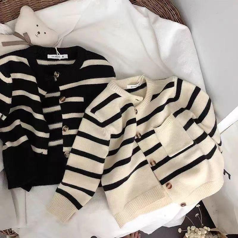 Korean Kids' Soft Striped Cardigan Sweater - Unisex, Spring & Autumn, Trendy Knitted Coat