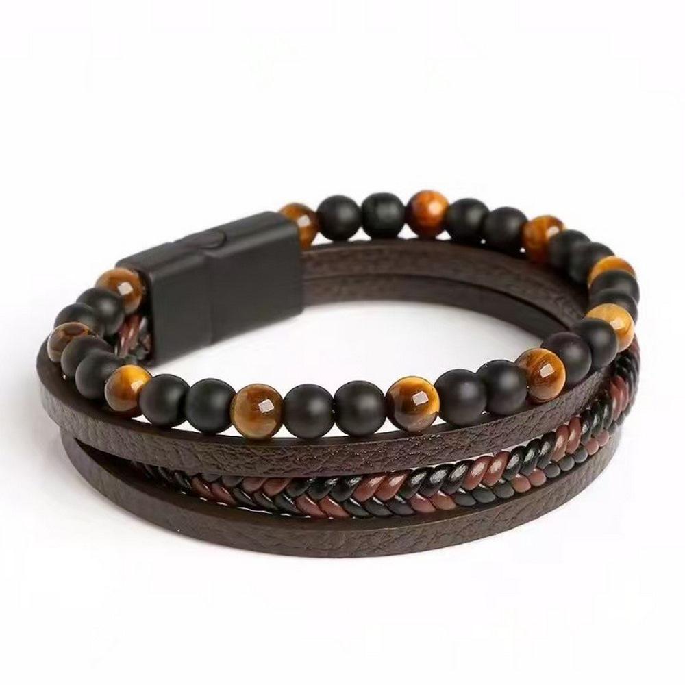 Brown Multi Layers Leather Bracelet for Men,New Style Tiger Eye Stone Beaded Handmade Leather Wristband,Gift for Husband Dad Him