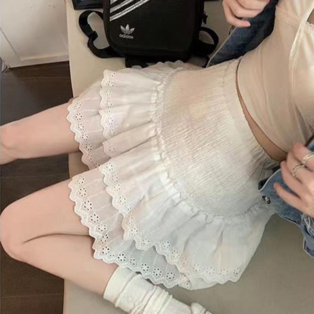 Women's Summer Casual Elastic Waist Short Tiered Skirts Solid Streetwear A Line Mini Skirt
