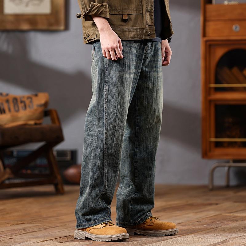 High-end American retro jeans men's autumn and winter new trendy brand loose straight stone grinding old casual pants men