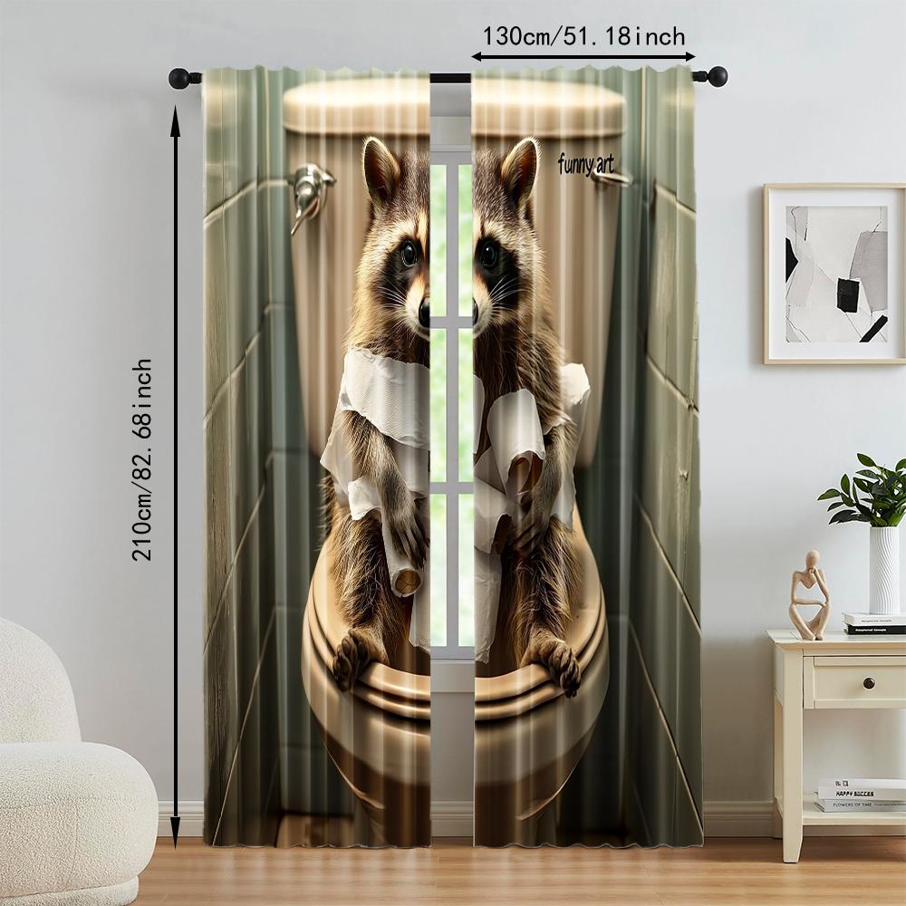 2 pcs, versatile polyester transparent curtains for home decoration Funny Raccoon for use in bedrooms and living rooms