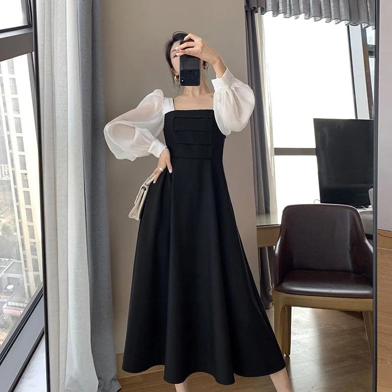 Sommer Frauen Kleider Langarm Eleganter Quadratischer Kragen Weiche Vintage A-line Schwarz Französisch Stil Kleid Lolita Harajuku Robe