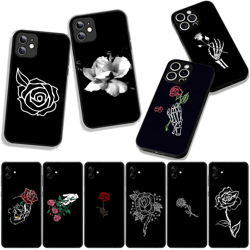 For Apple iPhone 16 15 14 Plus 13 12 Mini 17 Pro Max + ProMax 16E Air 15+ Phone Cover Case Black White Rose Flower Casing