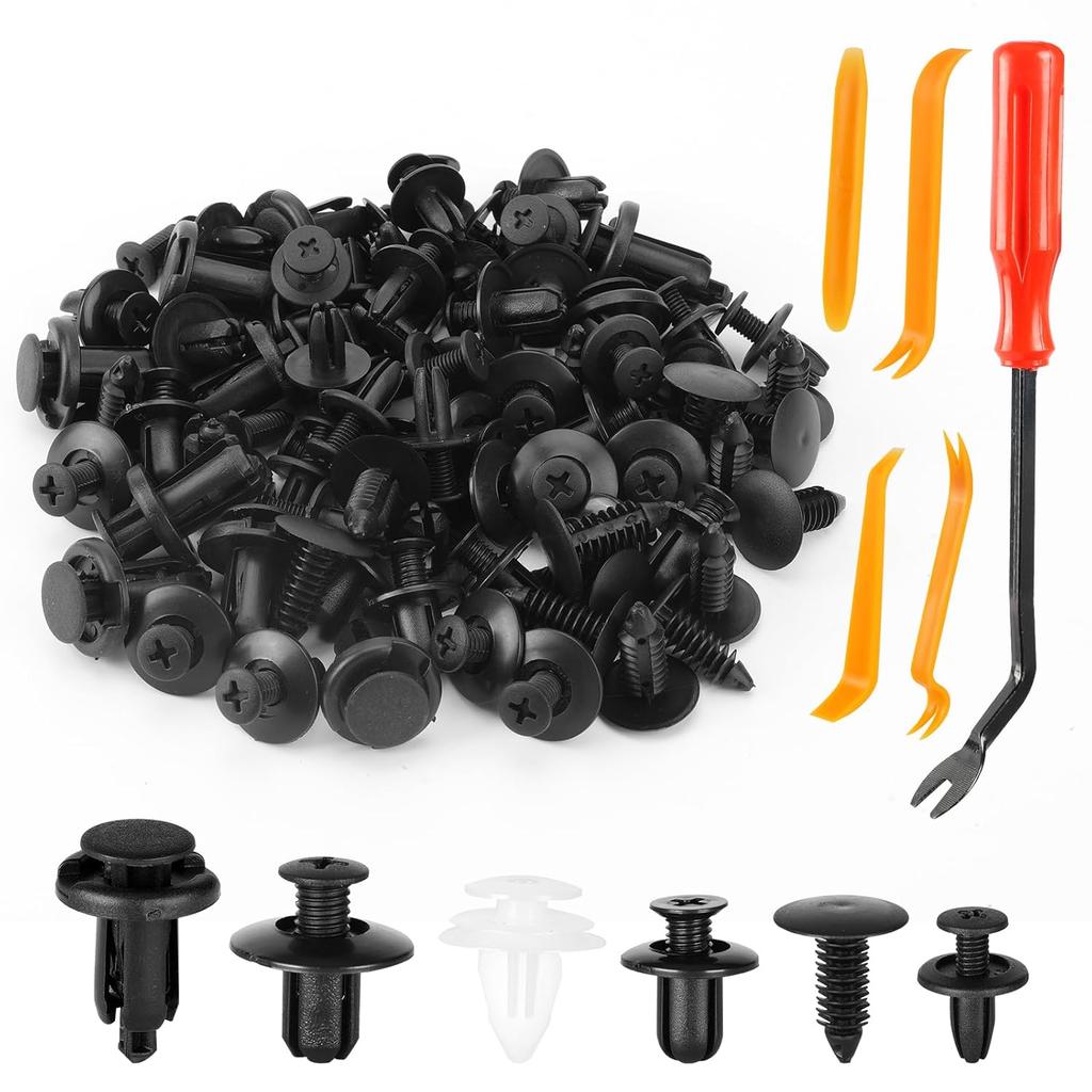 100 PCS Car Bumper Retainer Clips, 6 Type Nylon Fasteners Rivet Replacement Kit, Push-In Screw Bumper Push Rivet Clip With 5 Fastener Removers,