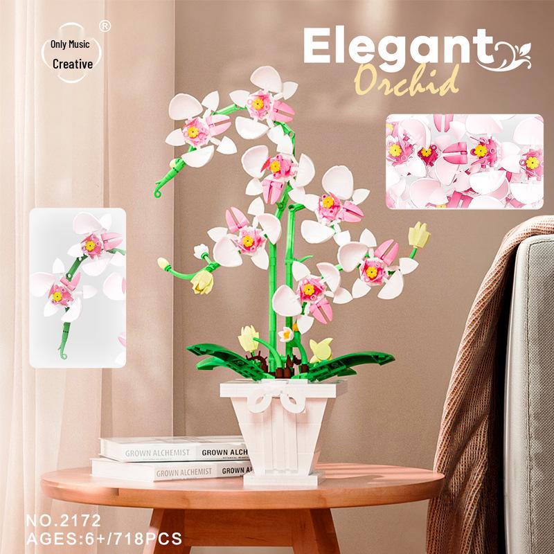 Wei Le 2138 Rich Golden Orchid: Everlasting Flower Building Blocks Compatible with LEGO - Potted Plant Desktop Ornament