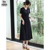 French Style V-Neck Pleated Short-Sleeve Black Midi Dress