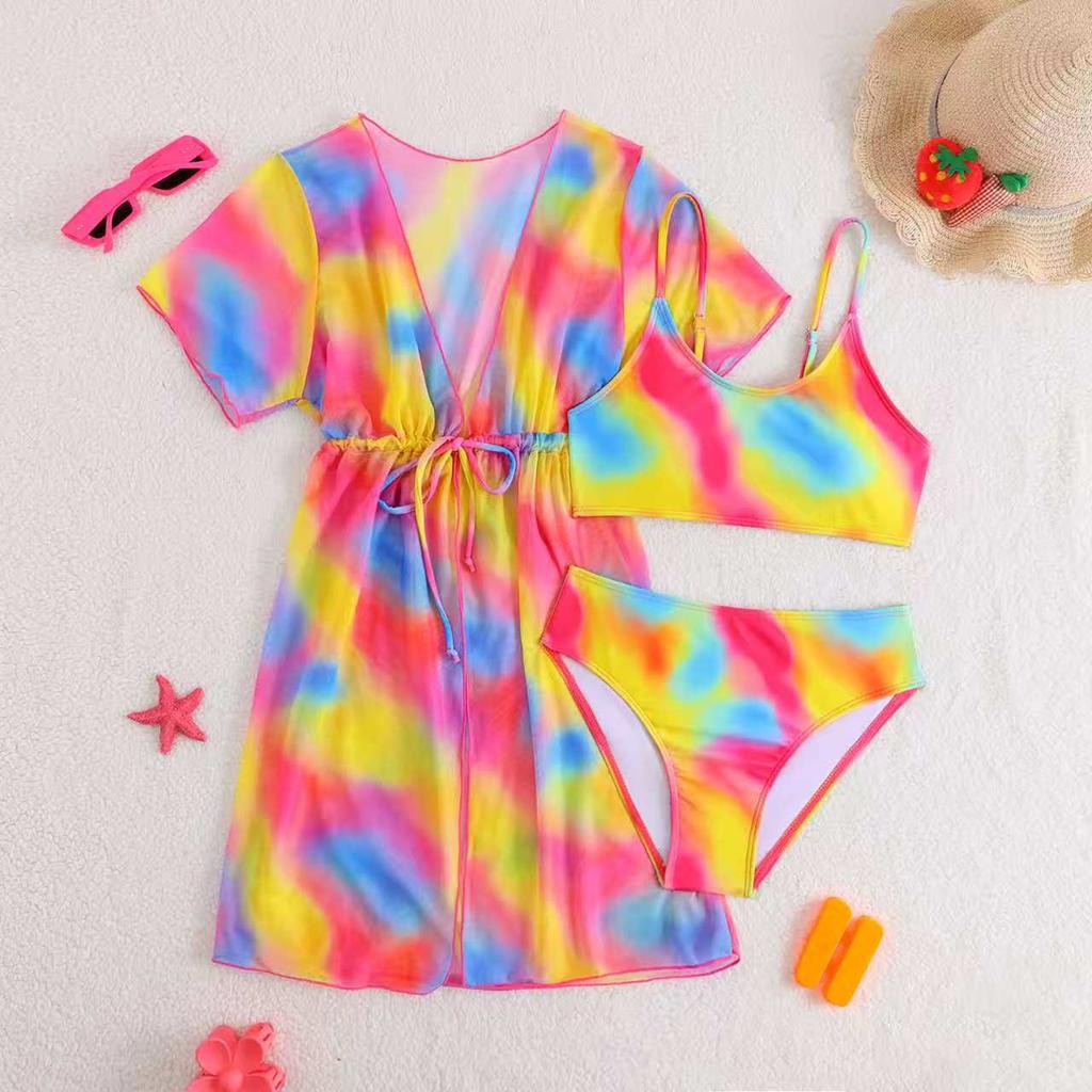Girls Fashion Casual Two Piece High Waist Mesh Skirt Swimsuit Set Includes Cover Up Top and Bottom Suitable for Beach Pool