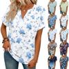 Stylowy damski casualowy T-shirt z krótkim rękawem z dekoltem w serek i retro kwiatowym nadrukiem