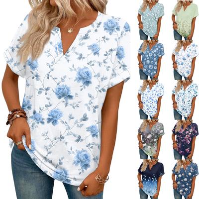 Stylish Women's Casual V-neck Short-sleeved Retro Floral Print T-shirt