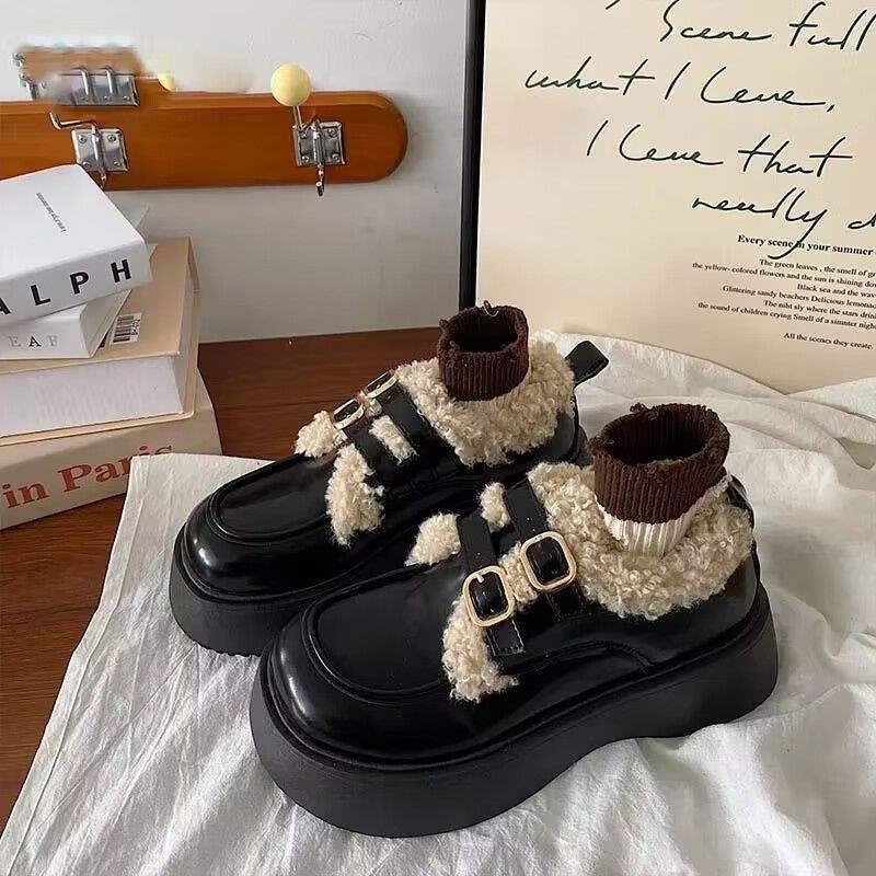 Size 31-46 British Style Retro Platform Small Leather Shoes, New Velvet Warm Cute Bow Mary Jane Shoes