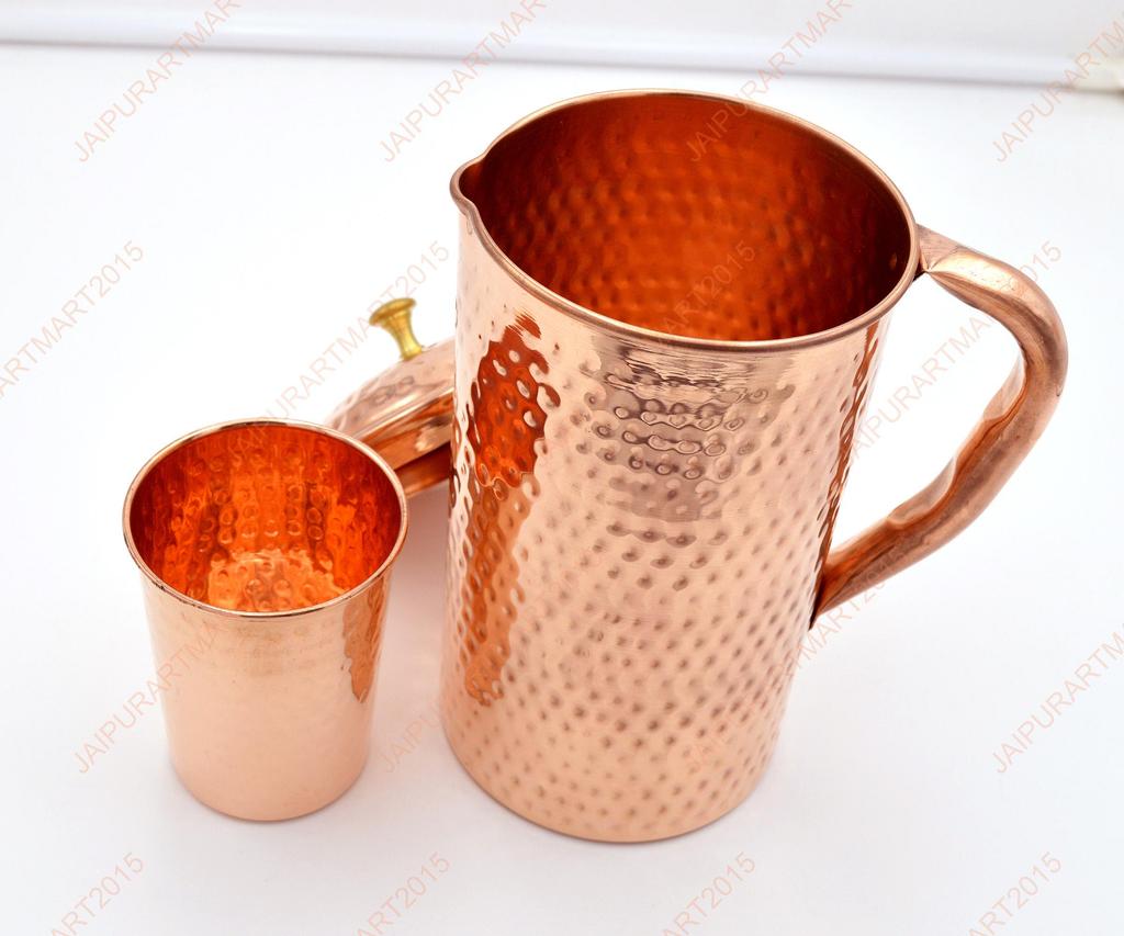 Copper Water Jug with 1 Glass for Drinking Water, Hammered Copper Pots Set