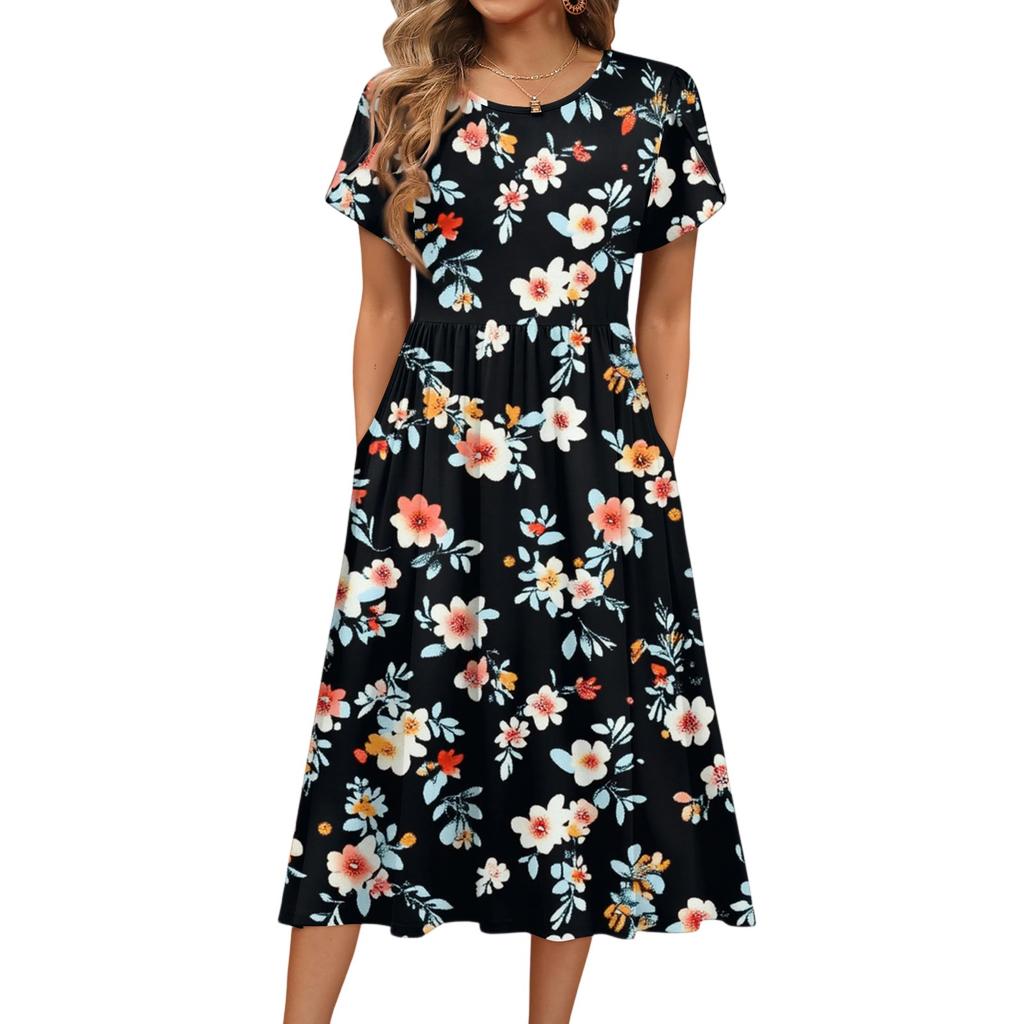 Damenmode Sommer Rundhals Kurzarm Blumendruck Strandkleider