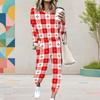 Women Plus Size Round Neck Long Sleeve Red White Plaid Printed Pocketed Cuffed Top Cuffed Pants Two Piece Set