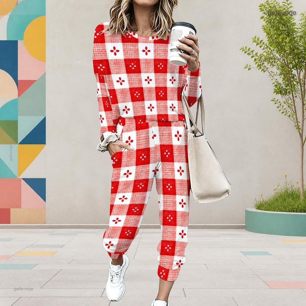 Women Plus Size Round Neck Long Sleeve Red White Plaid Printed Pocketed Cuffed Top Cuffed Pants Two Piece Set