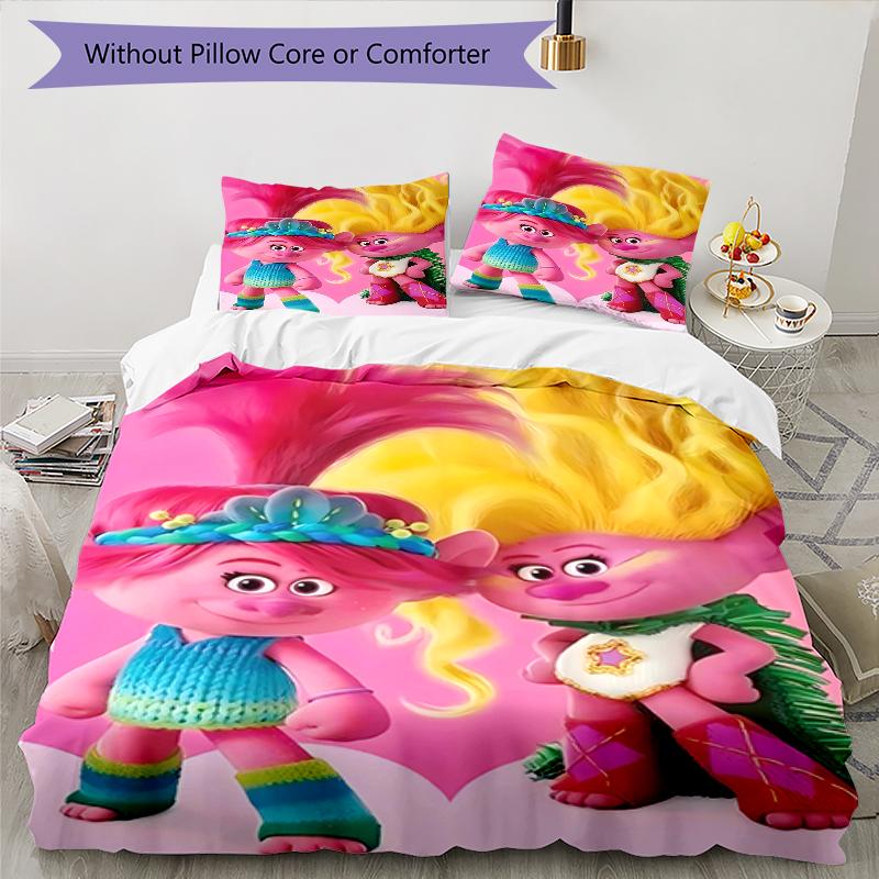 3pcs Trolls Design Cover Set - HD Printed Bedding with 1 Cover and 2 Pillowcases - Perfect for Home and Dorm Decor