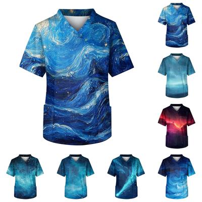 Men's Printing Short Sleeve V-neck Working Blouse Chest Pocket Carer Top