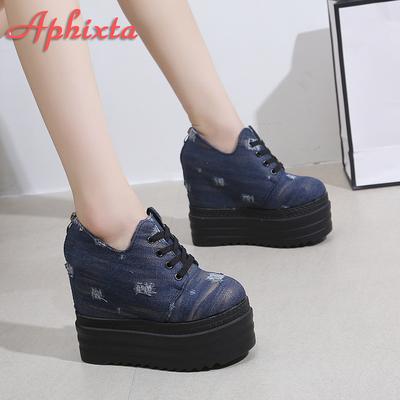 Aphixta Botines de Tobillo con Plataforma Azul Denim Aumentadores de Altura para Mujer Cremallera Trasera Suela Gruesa Cordones botas mujer
