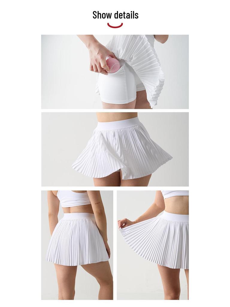 In-Stock High Waist Pleated Athletic Skort with Anti-Exposure and Quick-Drying Features, Side Pockets, and Midi Length