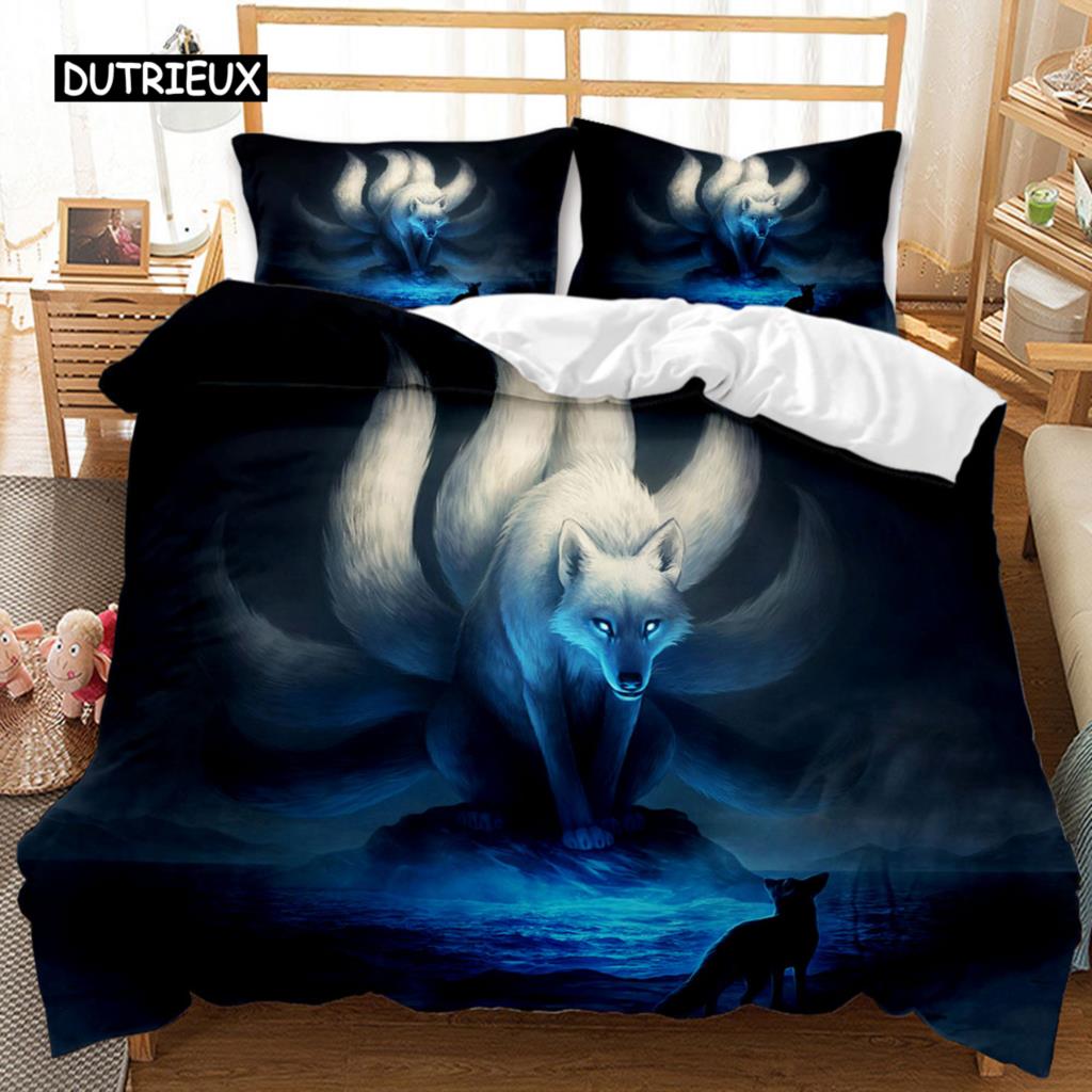 Wolf Duvet Cover Set 3D Animal Theme Bedding Set Retro Cool Wild Wolf Blue Sky Double Queen King Size Soft Polyester Qulit Cover