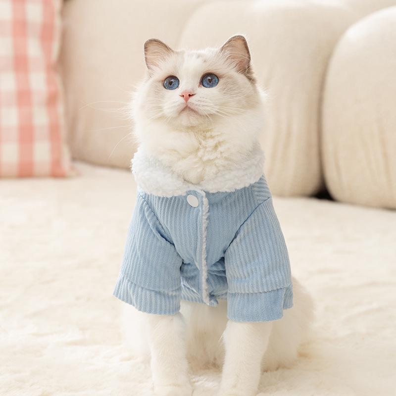 Pet clothes autumn and winter thickened lamb wool traction cotton-padded clothes blue cat kitten hairless cat small dog cat clothes