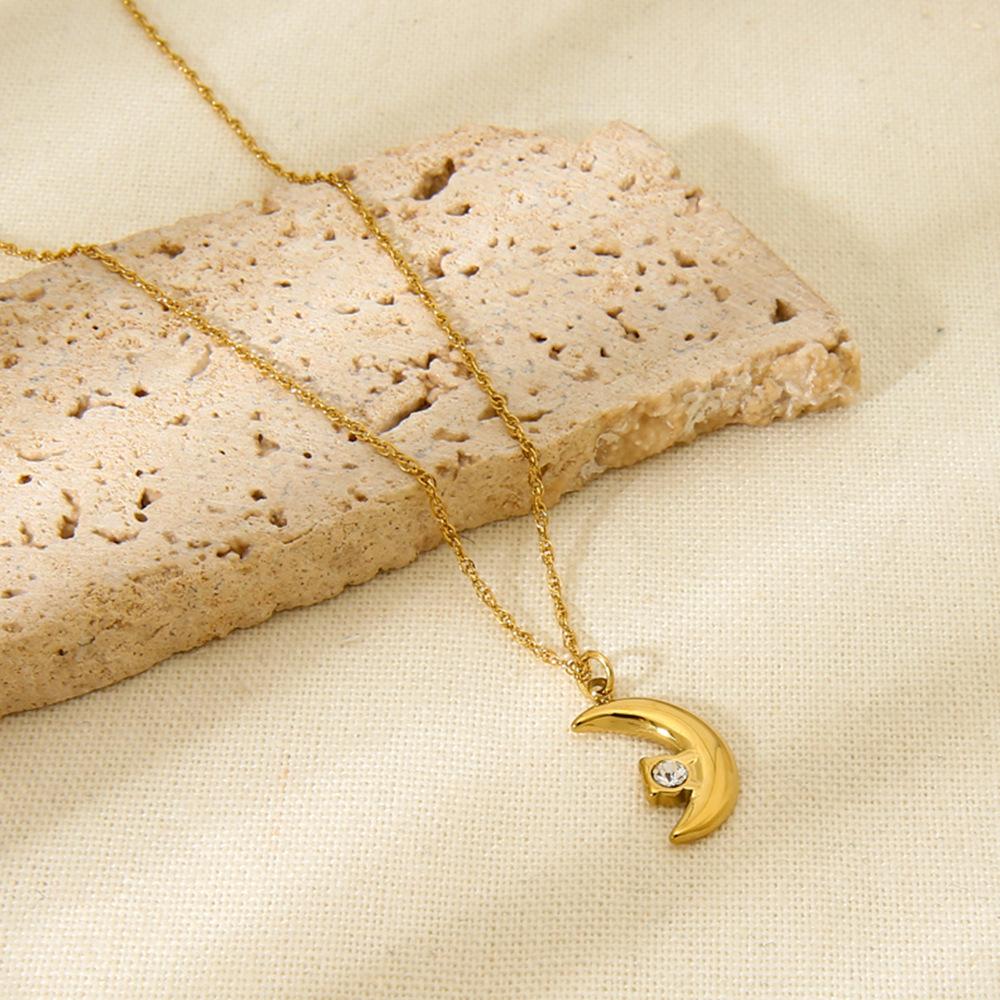 Simple zircon moon pendant necklace small gold ball bean fringed collarbone chain women's stainless steel stacked jewelry