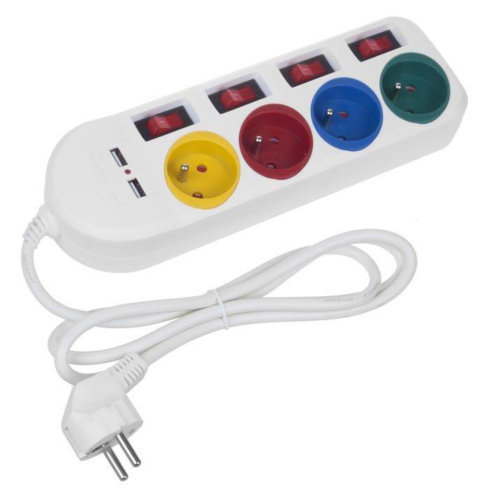 Rallonge électrique - maclean - mce229 - 4 prises + 2xusb - interrupteurs individuels - 1,5m blanc