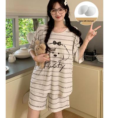Women's Short-Sleeve Pullover Pajama Set with Built-in Bra, Cute Korean Style Loungewear, Cloud Cotton Round Neck