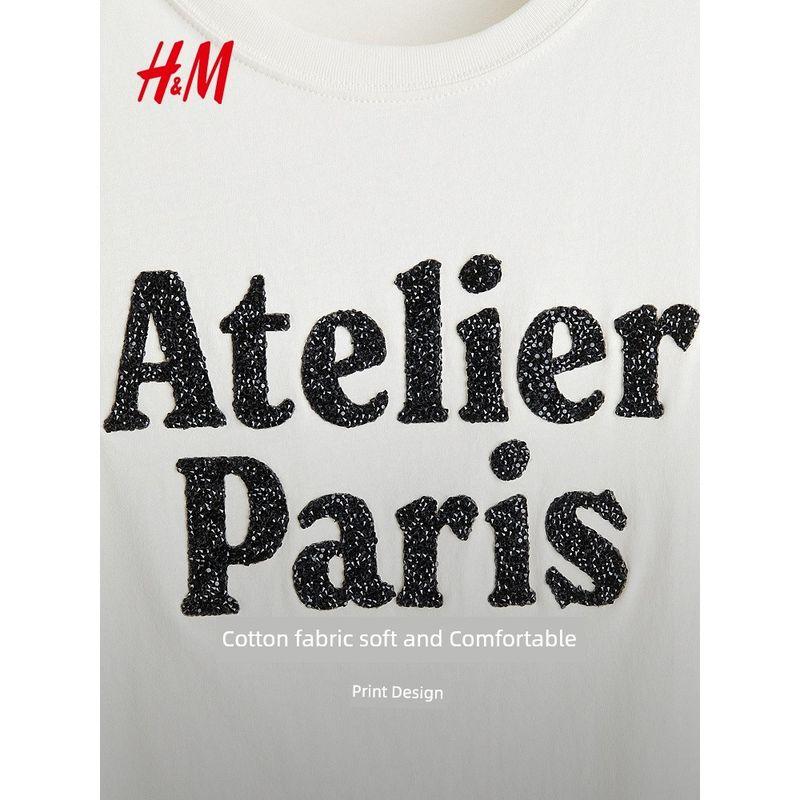 

Женская футболка HM 2025 Лето Новинка Американский круглый вырез Свободный Принт с буквами Хлопок Короткий рукав Топ 1274171